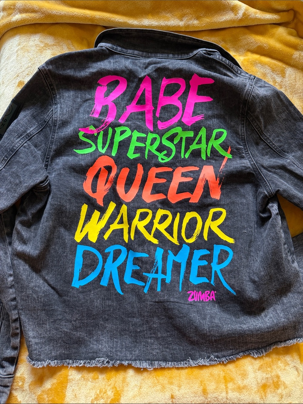 Zumba Fitness Black Denim Jacket with Neon Multicolor Lettering